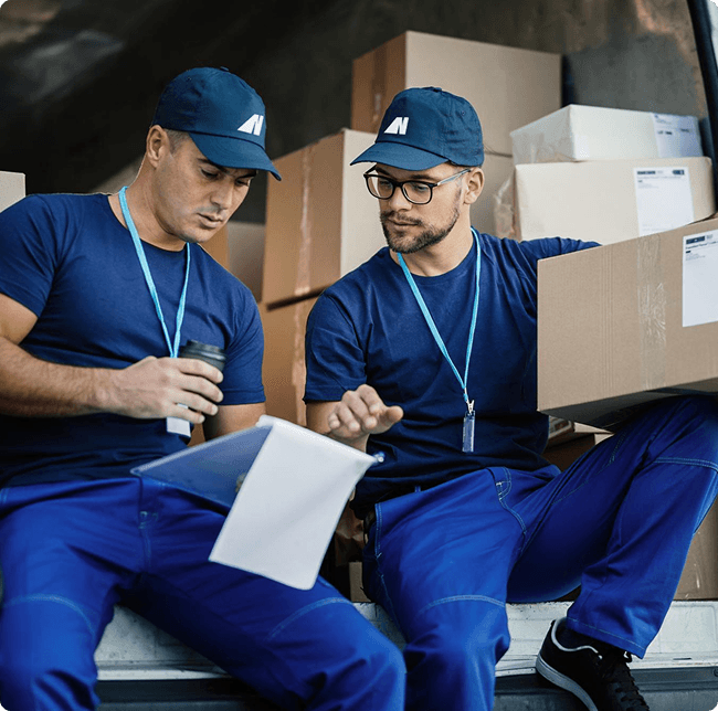 Two Nour Transport team members reviewing a clipboard inside the warehouse