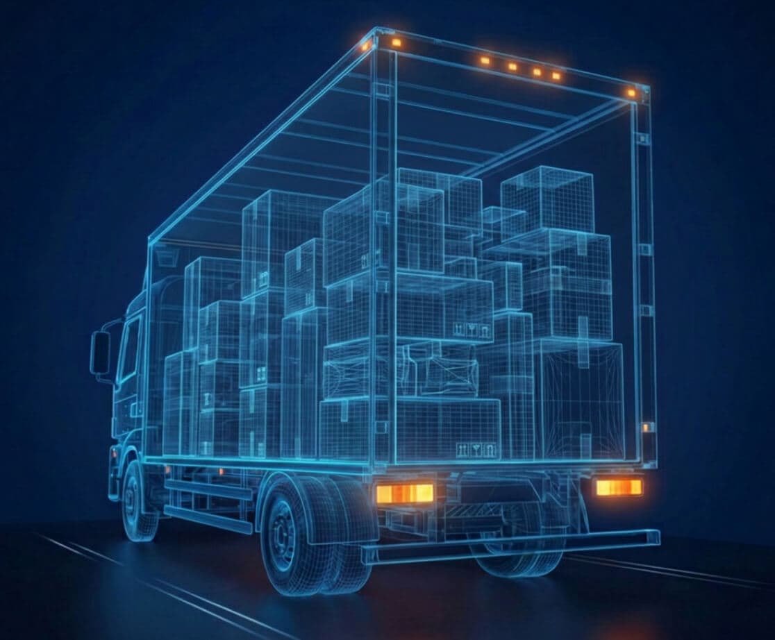 Dry box transport truck with cargo wireframe