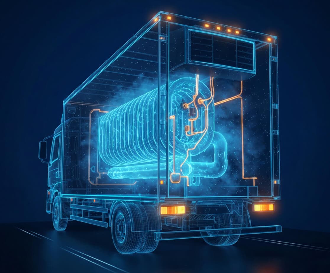 Refrigerated transport truck with wireframe cooling visualization
