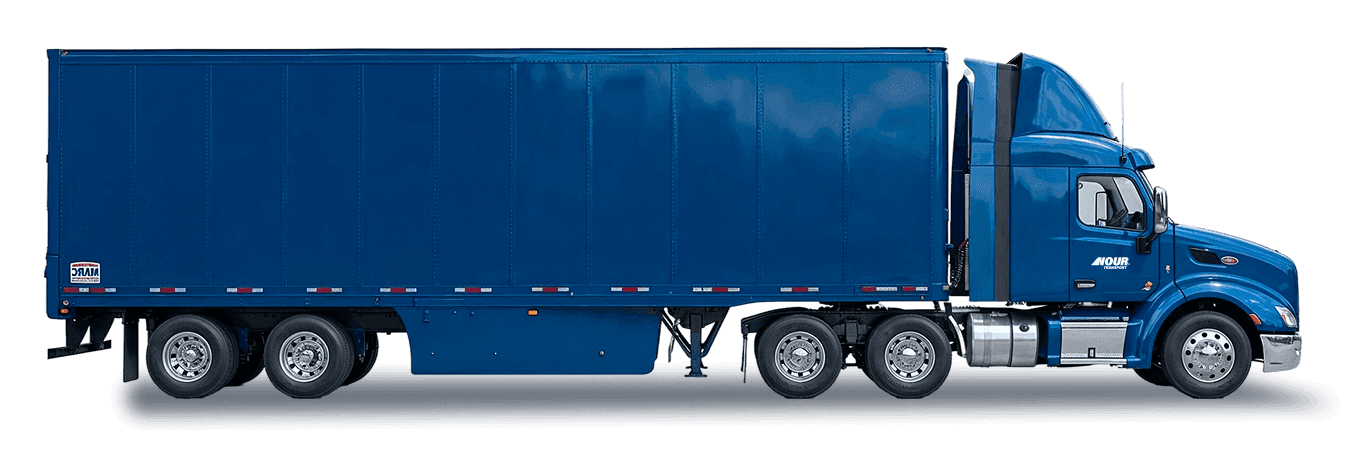 Nour Transport blue tandem reefer in three-quarter view