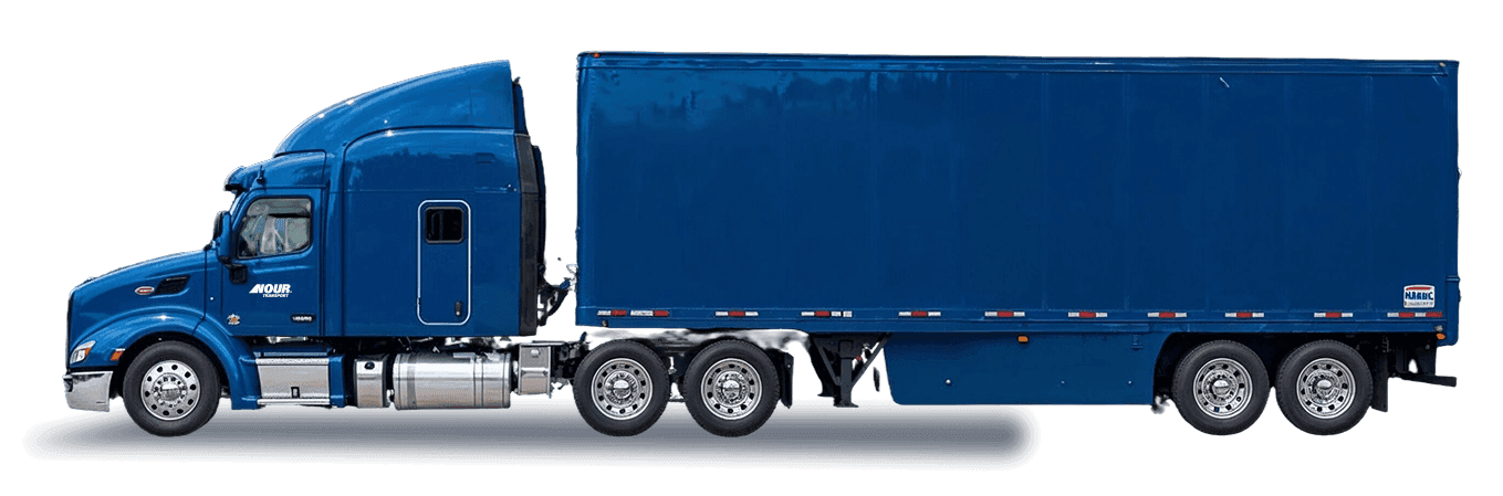 Nour Transport tri-axle truck on a white sweep