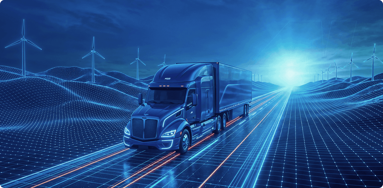 Nour Transport truck on a futuristic neon highway with wind turbines along the horizon
