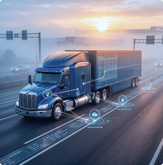 Nour Transport temperature-controlled freight truck on the highway with real-time telemetry overlay
