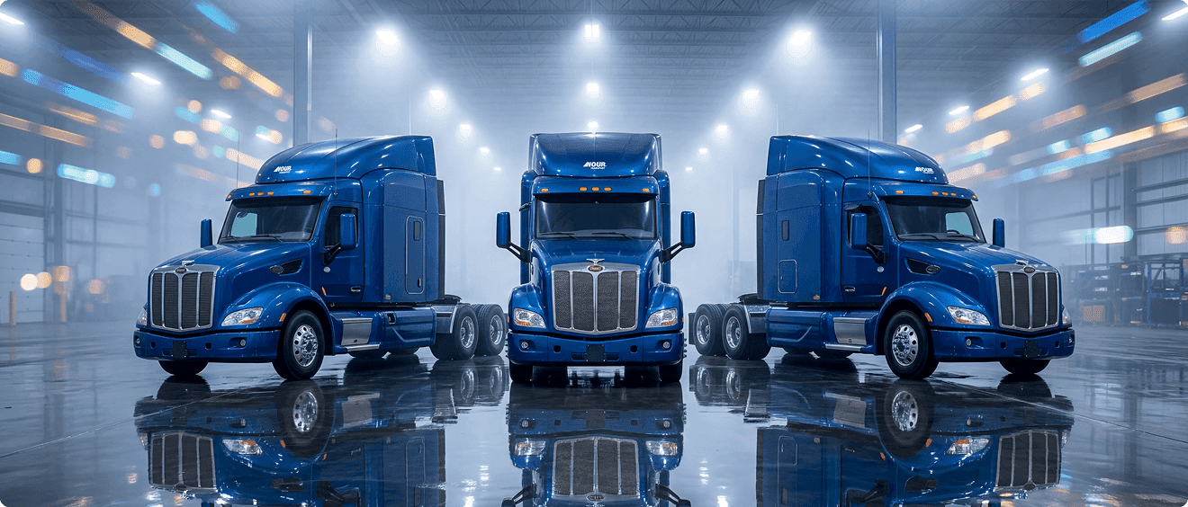 Three Nour Transport tractors in a brightly lit warehouse